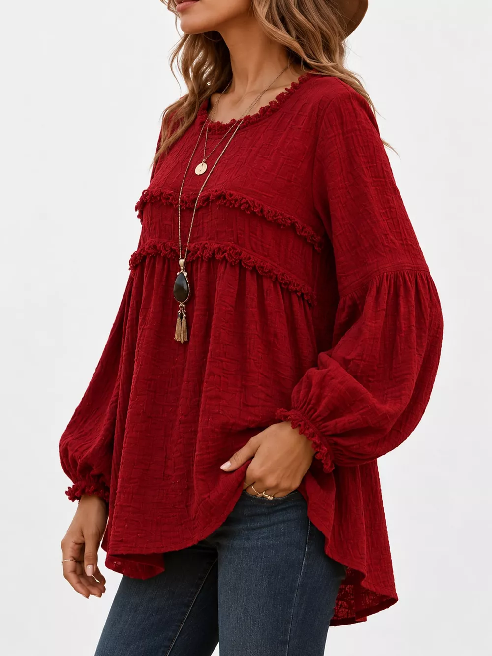 Full Size Boho Chic Textured Frayed Trim Peplum Blouse Plus Size, image 16
