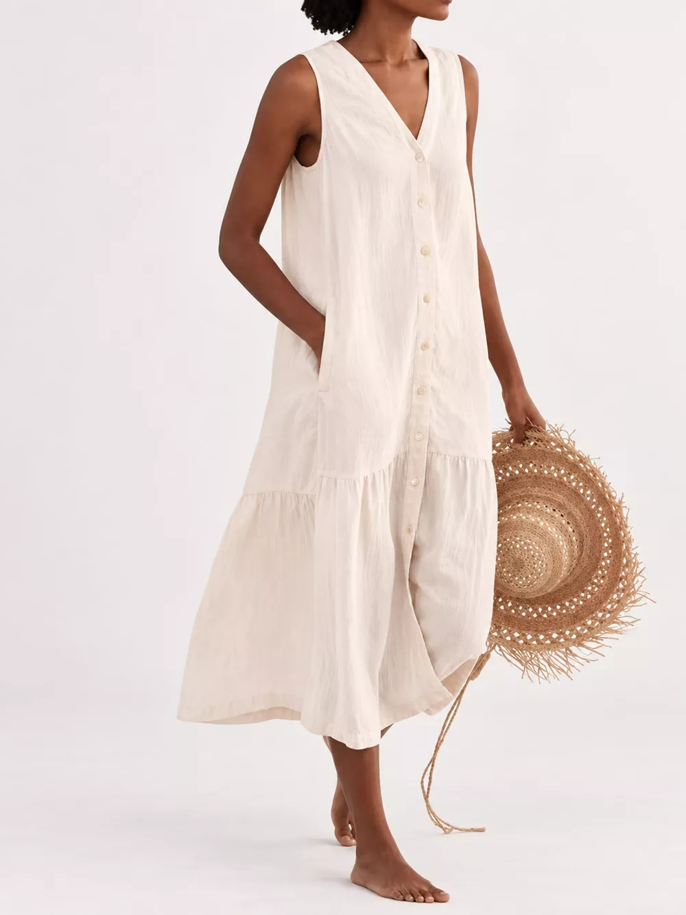 Full Size V-Neck Button Front Sleeveless Midi Dress Plus Size, image 7