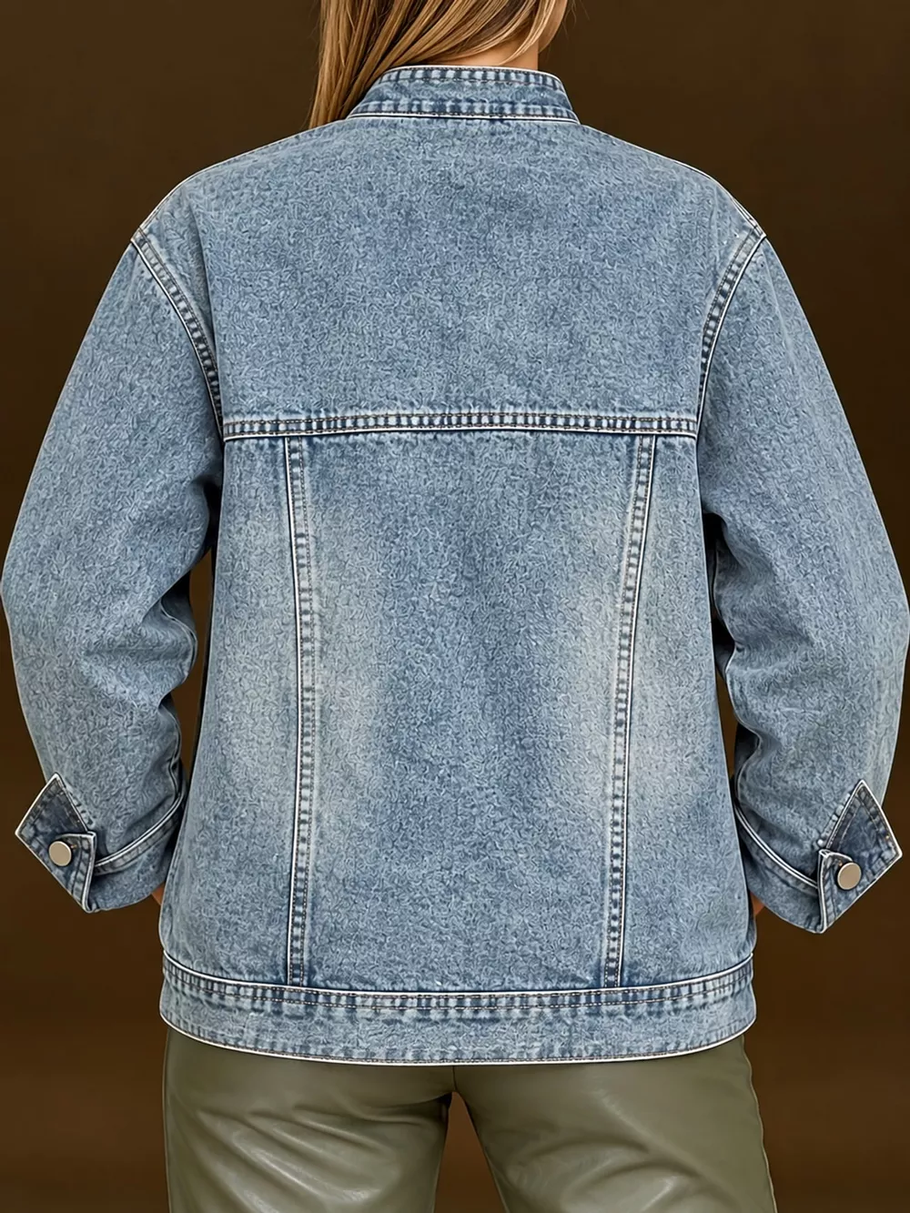 Full Size Asymmetric Button-Up Stand Collar Denim Jacket Plus Size, image 2