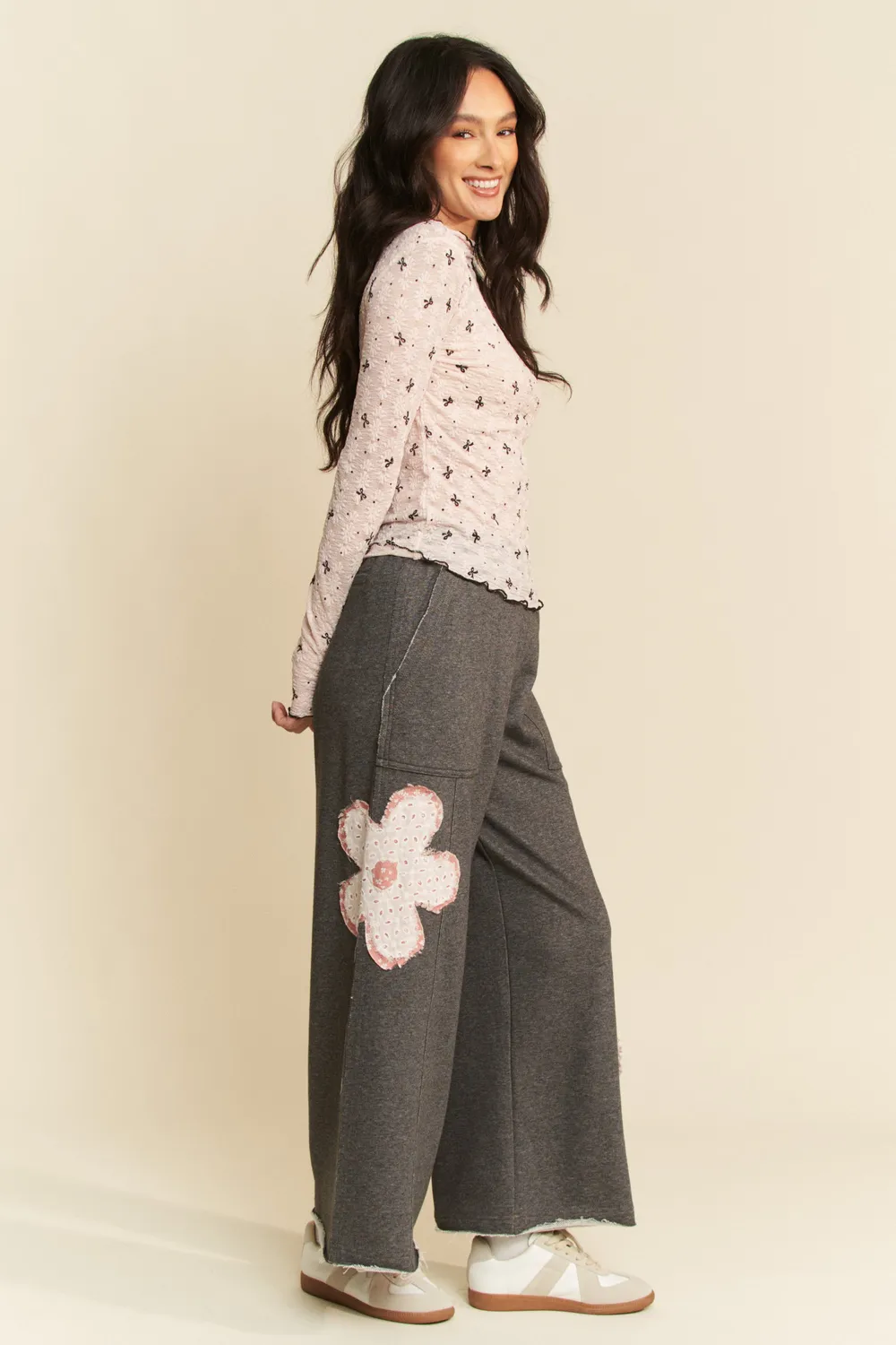 Ribbon Bow Lace Hem Long Sleeve Mesh Layering Top, image 6