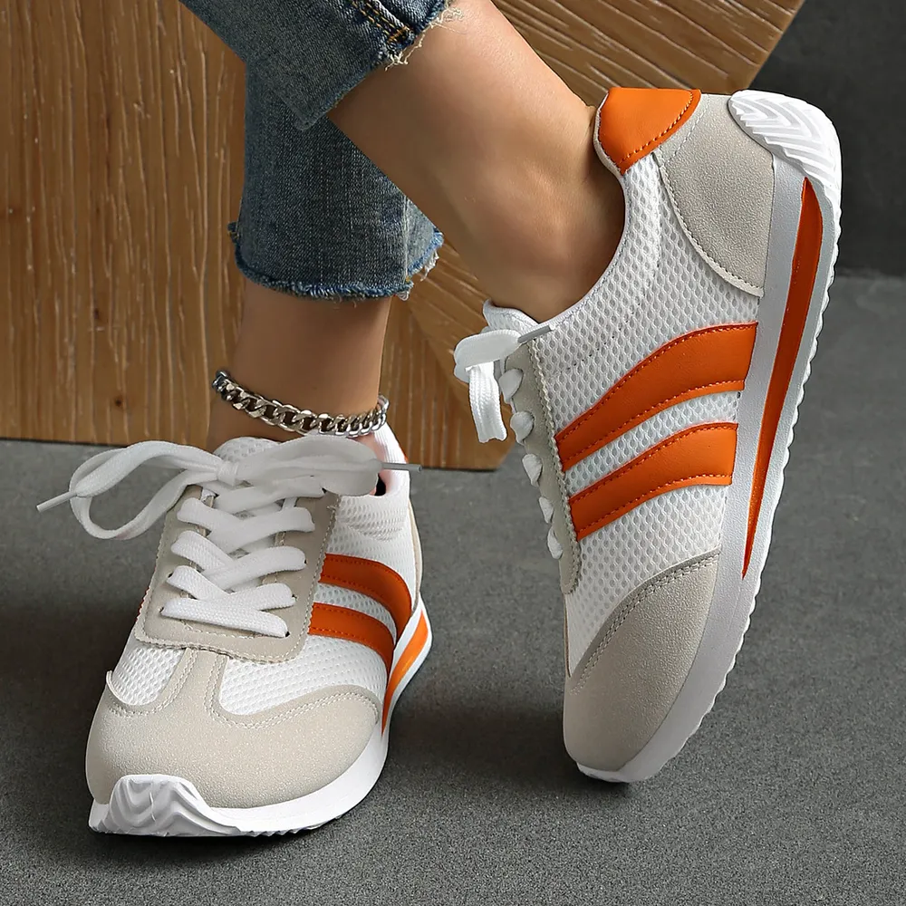 Striped Contrast Mesh Lace Up Sneakers, image 12