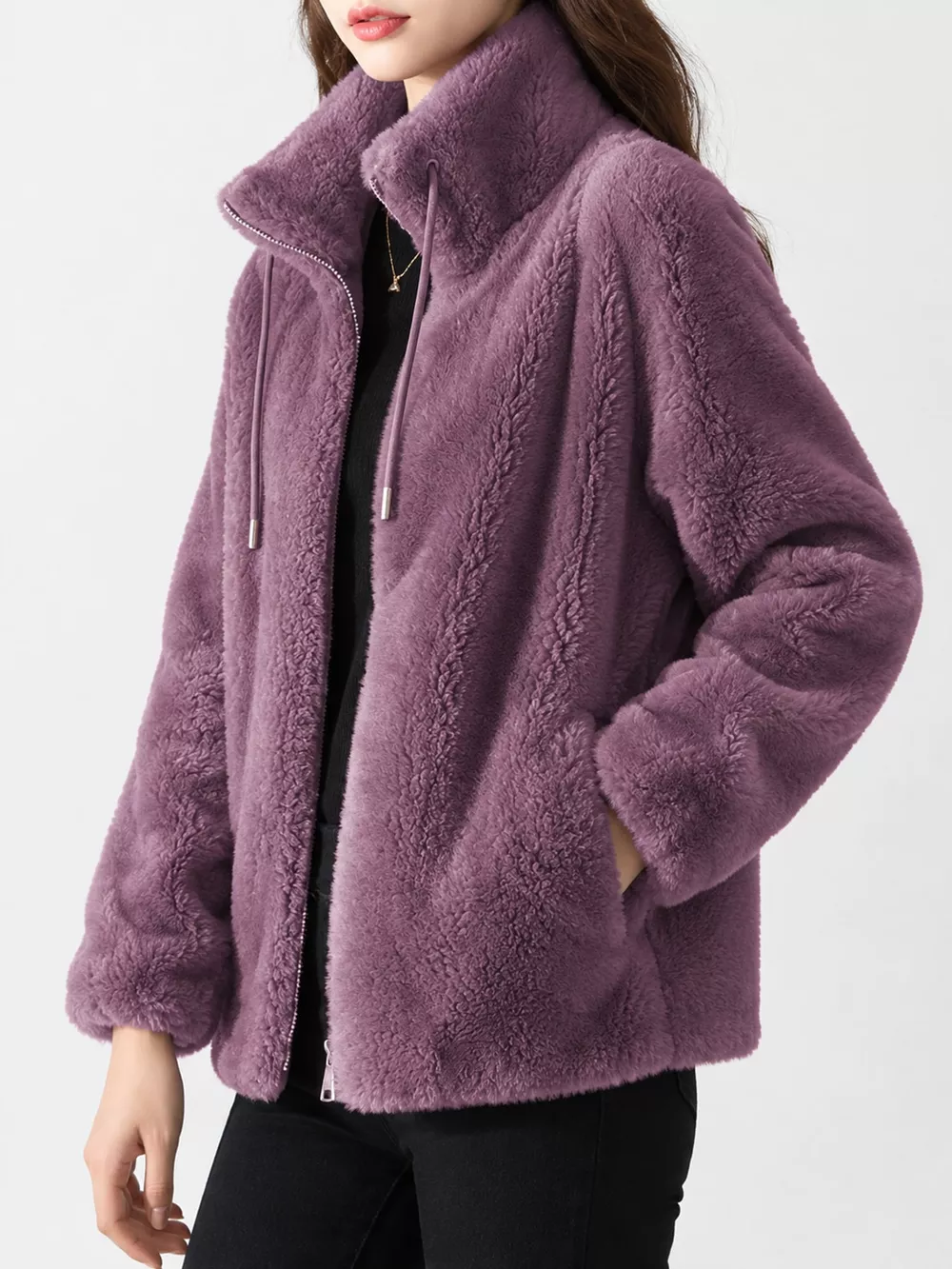 Full Size Drawstring Faux Fur Stand-Collar Zip-Up Outerwear Plus Size, image 21