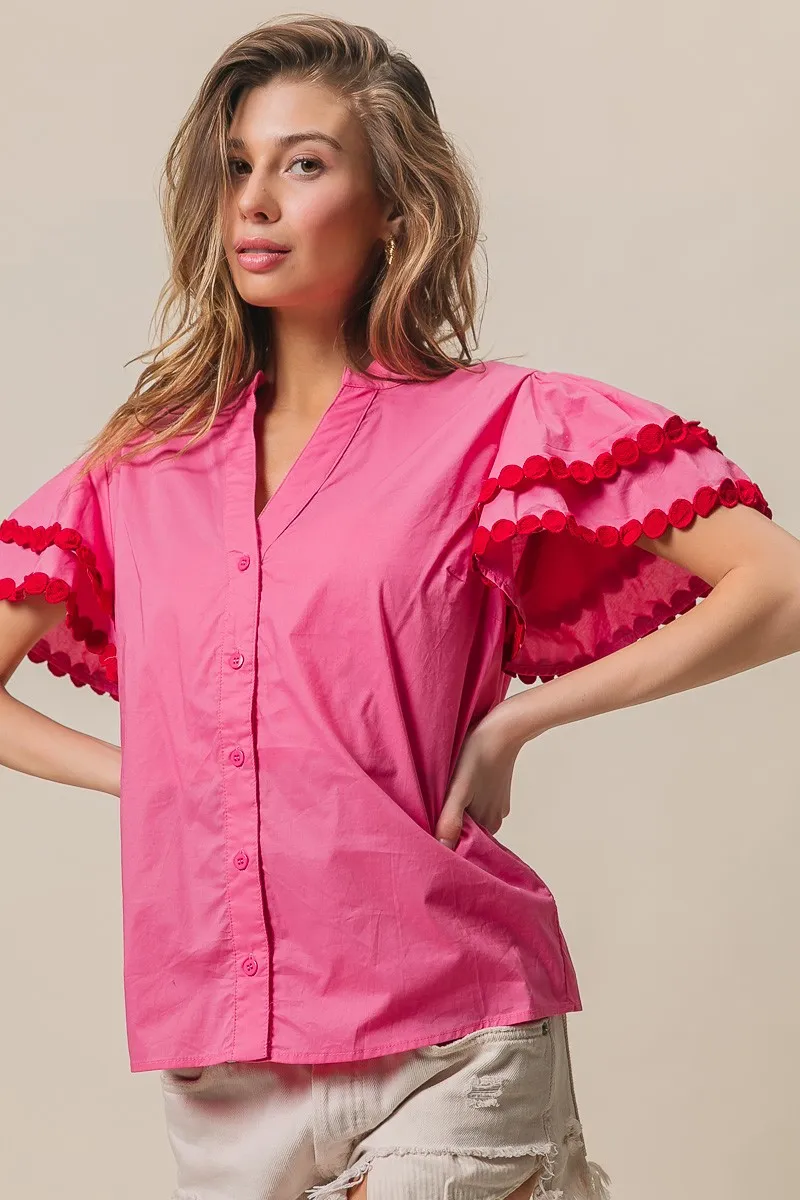 Dot Trim Flutter Sleeve Notched Top, image 12