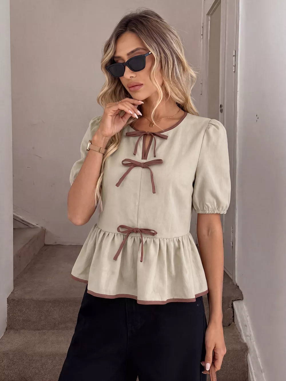 Bow Front Ruffle Hem Blouse, image 2