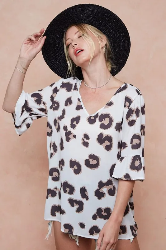 Leopard Printed V Neck Woven Top with Ruffled, image 14