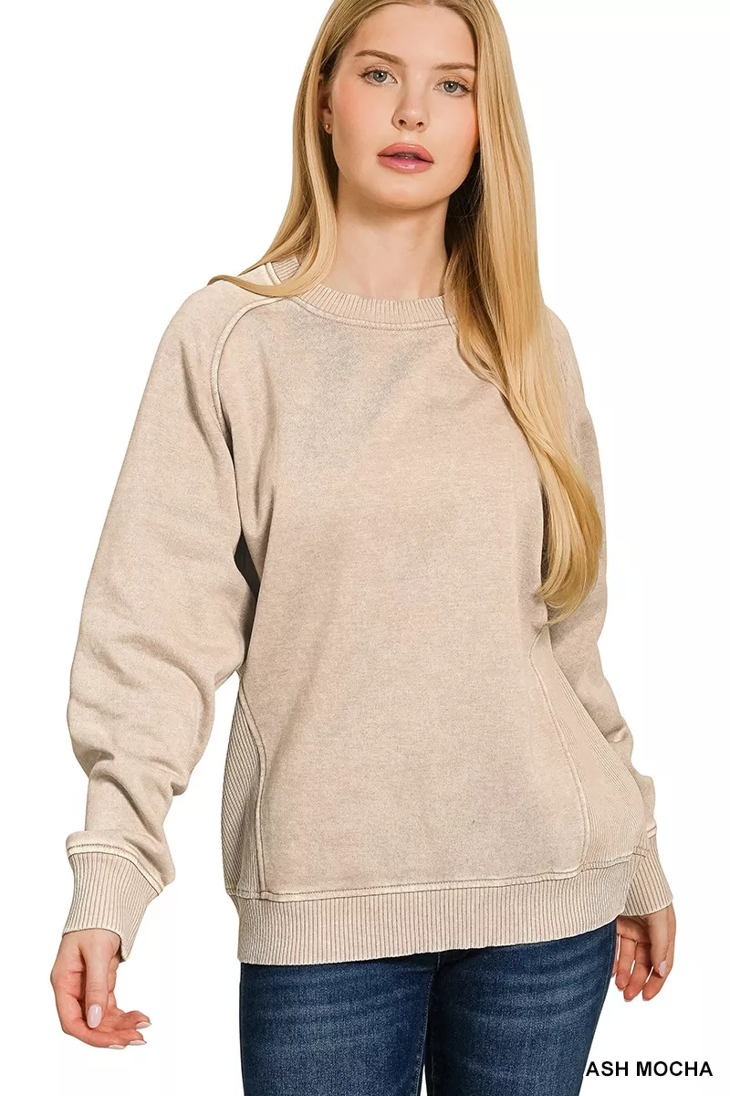 Acid Washed Fleece Sweatshirt with Side Rib
