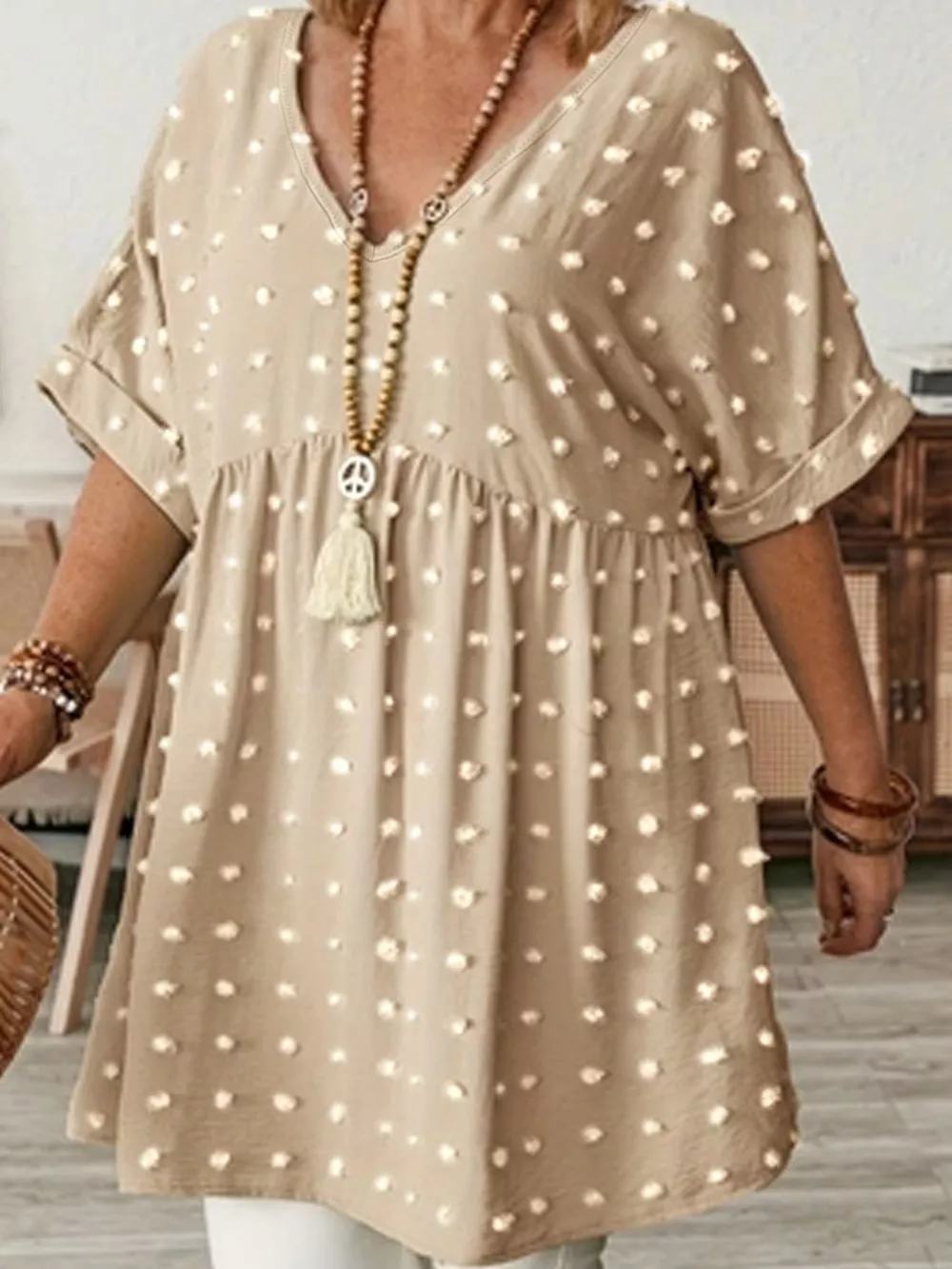 Plus Size Swiss Dot V-Neck Casual Blouse, image 26