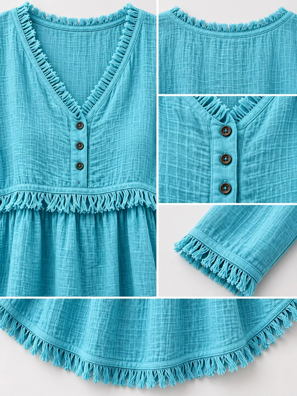 Full Size Fringed Trim V-Neck Long Sleeve Blouse Plus Size, image 6