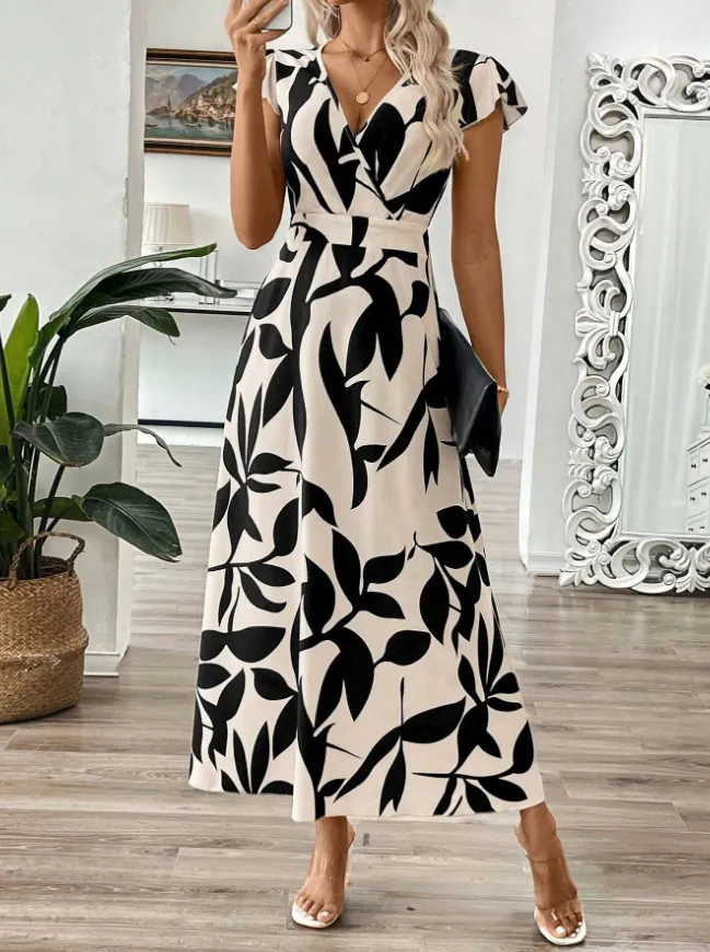 Printed Surplice Wrap Midi Dress, image 4