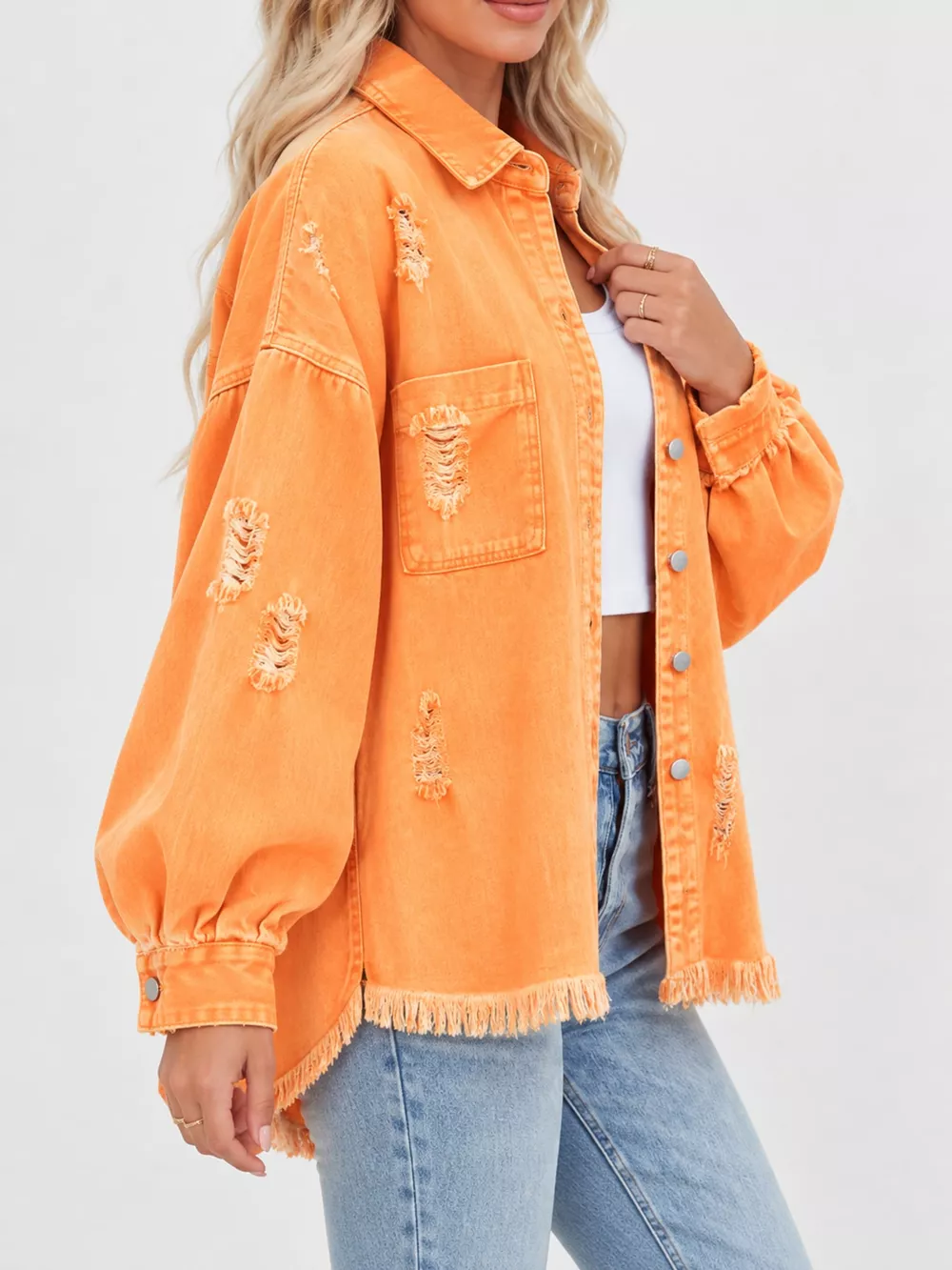 Distressed Raw Hem Denim Jacket, image 9