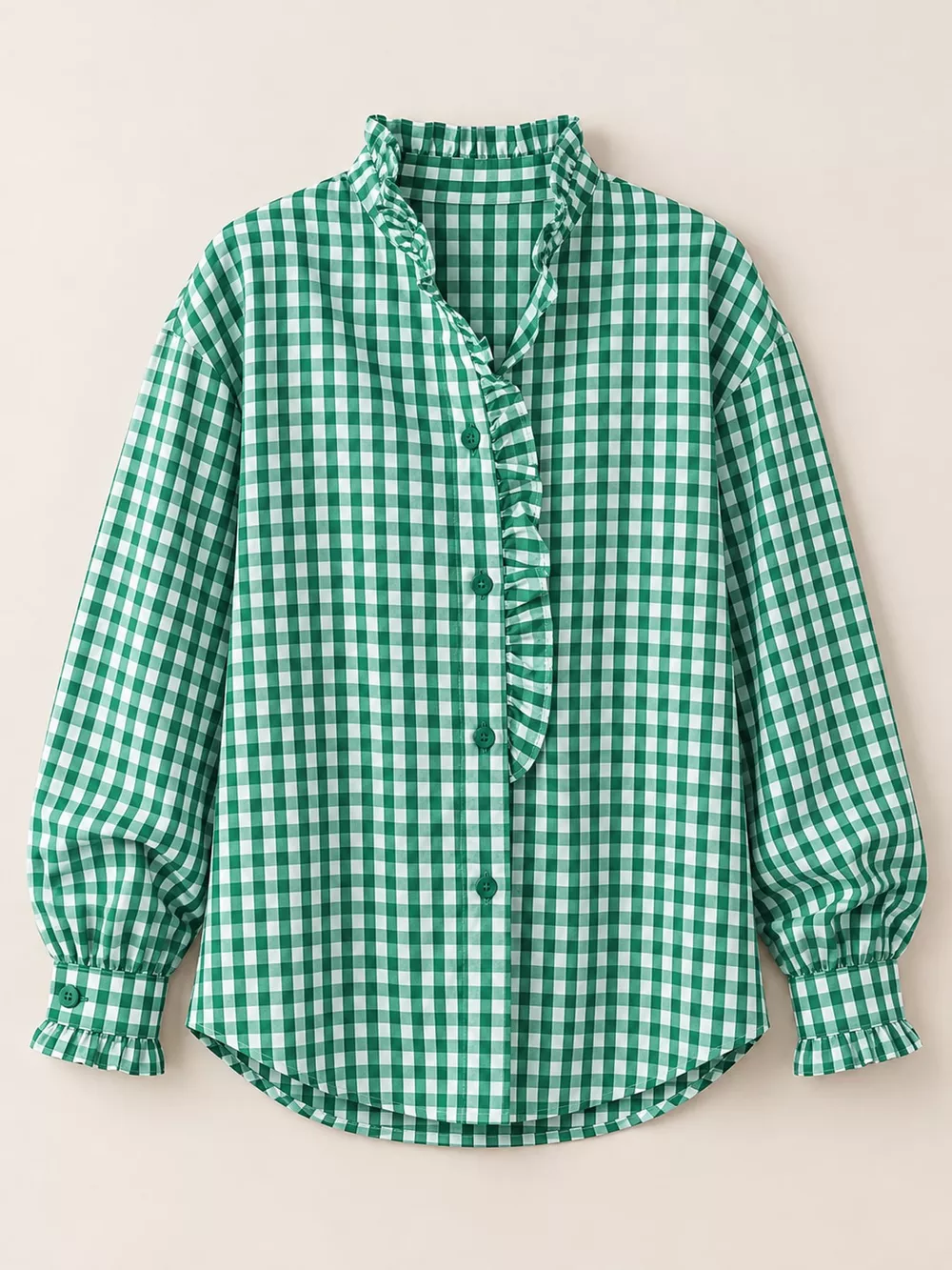 Gingham Ruffle Trim Stand Collar Shirt, image 11