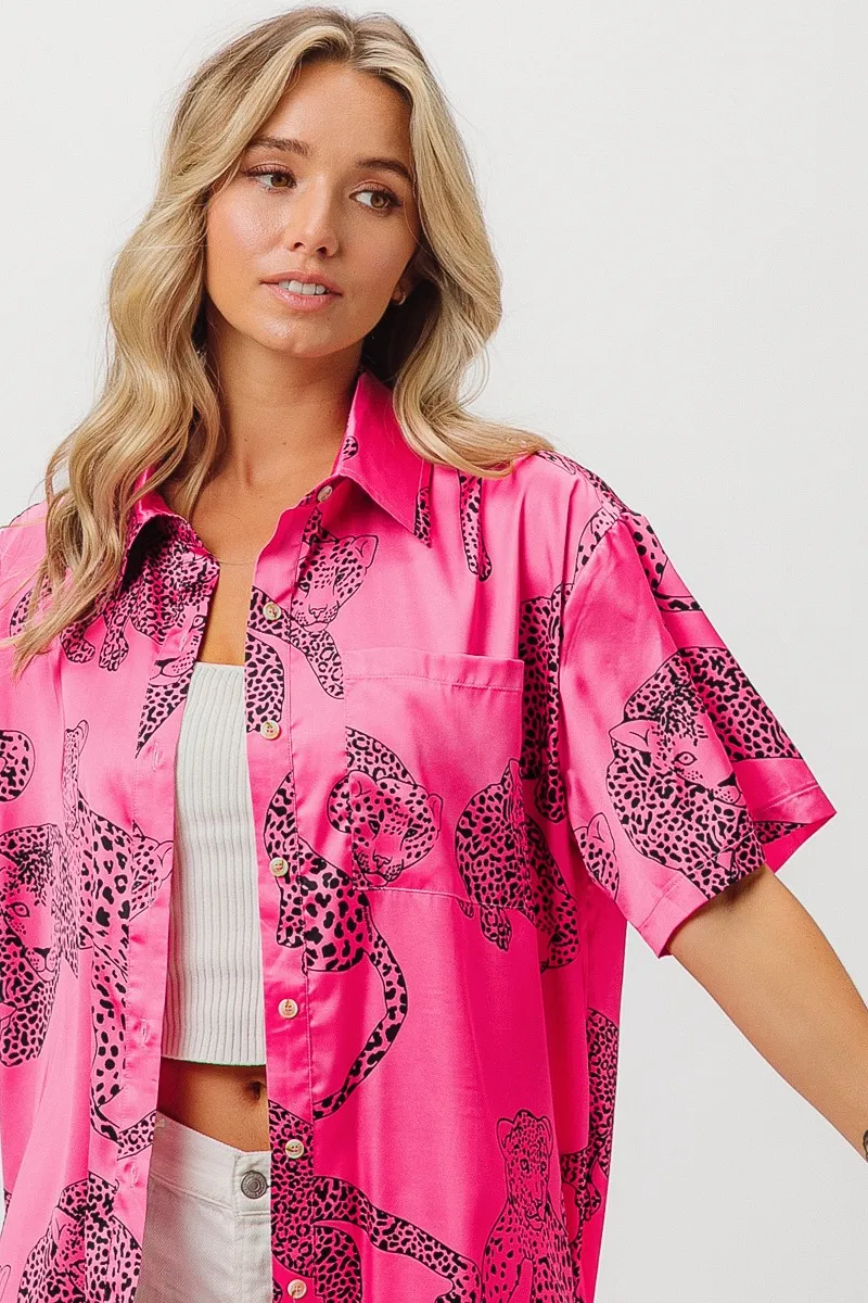 Leopard Print Short Sleeve Silky Satin Shirt Top, image 6