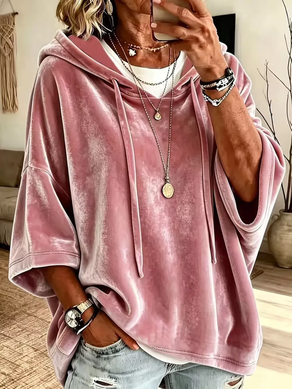 Full Size Velvet Half Sleeve Hoodie with Drawstring Plus Size, image 16
