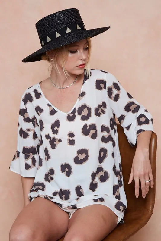 Leopard Printed V Neck Woven Top with Ruffled, image 17