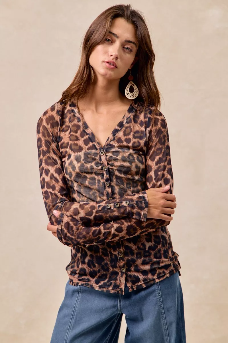 Leopard Printed Mesh Shirt With Button Up V Neck