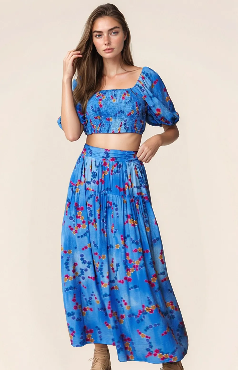 Printed Smocking Waistband Ruffled Maxi Skirt, image 10