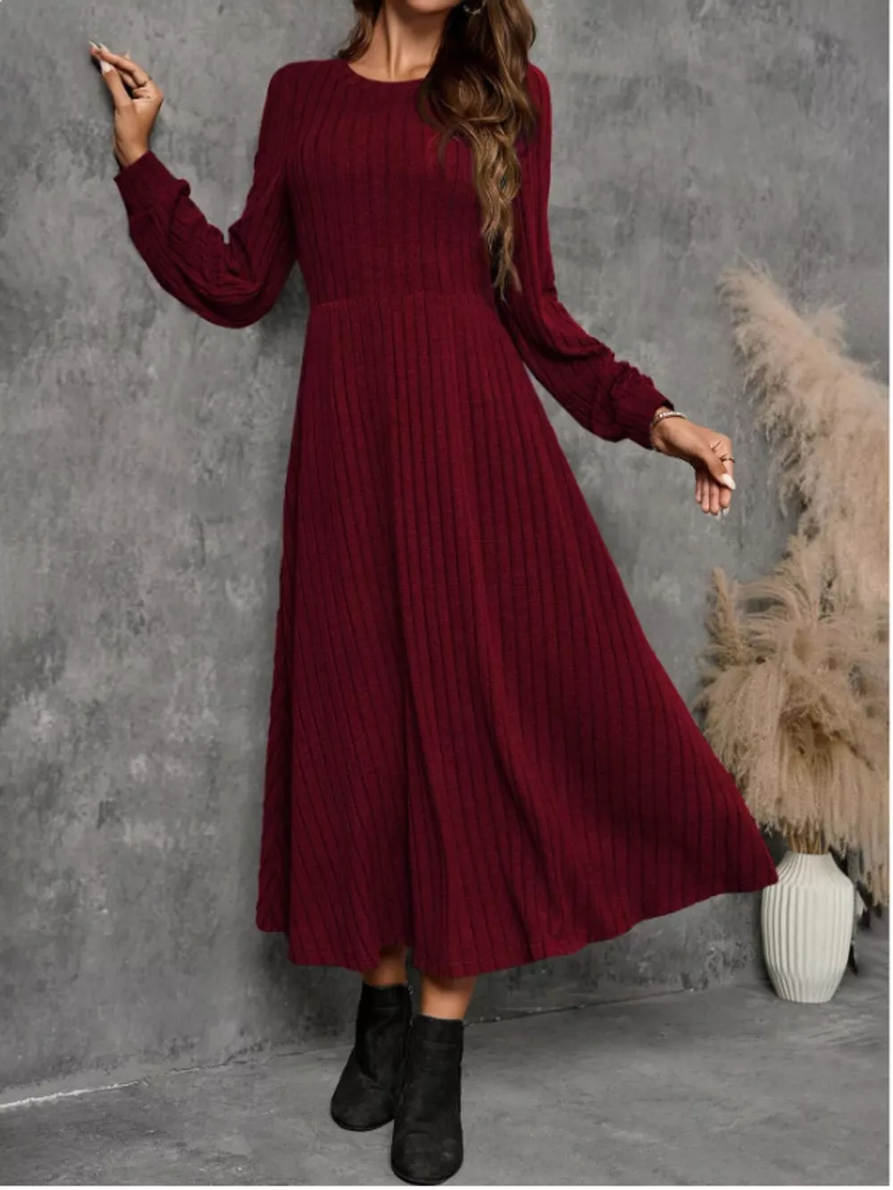 Ribbed Knit Long Sleeve A-Line Midi Dress, image 11