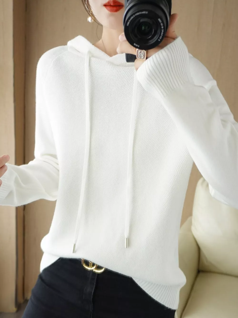 Drawstring Long Sleeve Hooded Knit Sweater, image 45