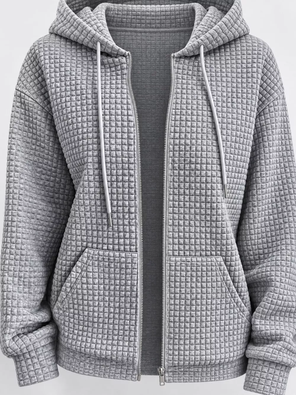 Waffle Knit Zip-Up Hoodie with Drawstring and Pockets, image 14