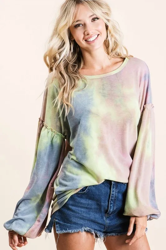 Tie Dye French Terry Sweatshirt With Bubble Sleeves