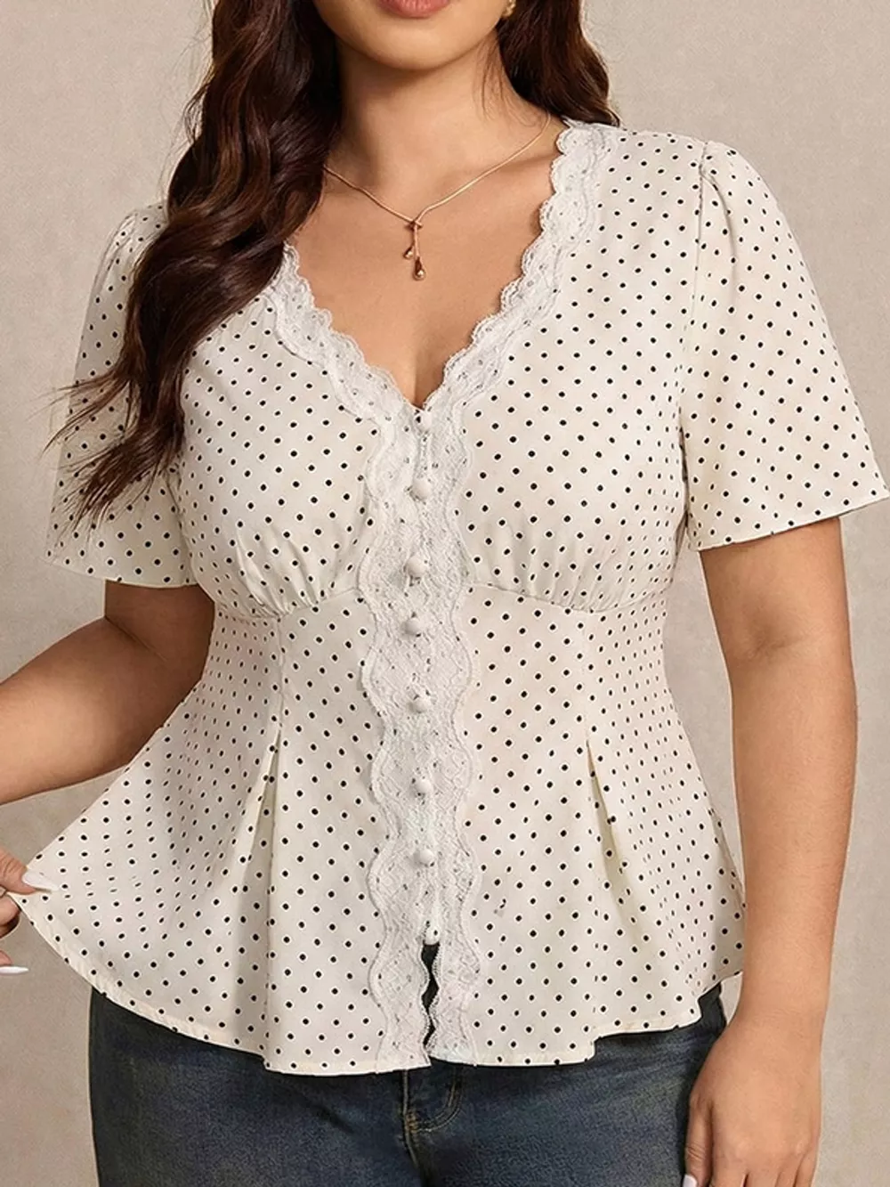 Plus Size Polka Dot V-Neck Lace Trim Peplum Blouse, image 2