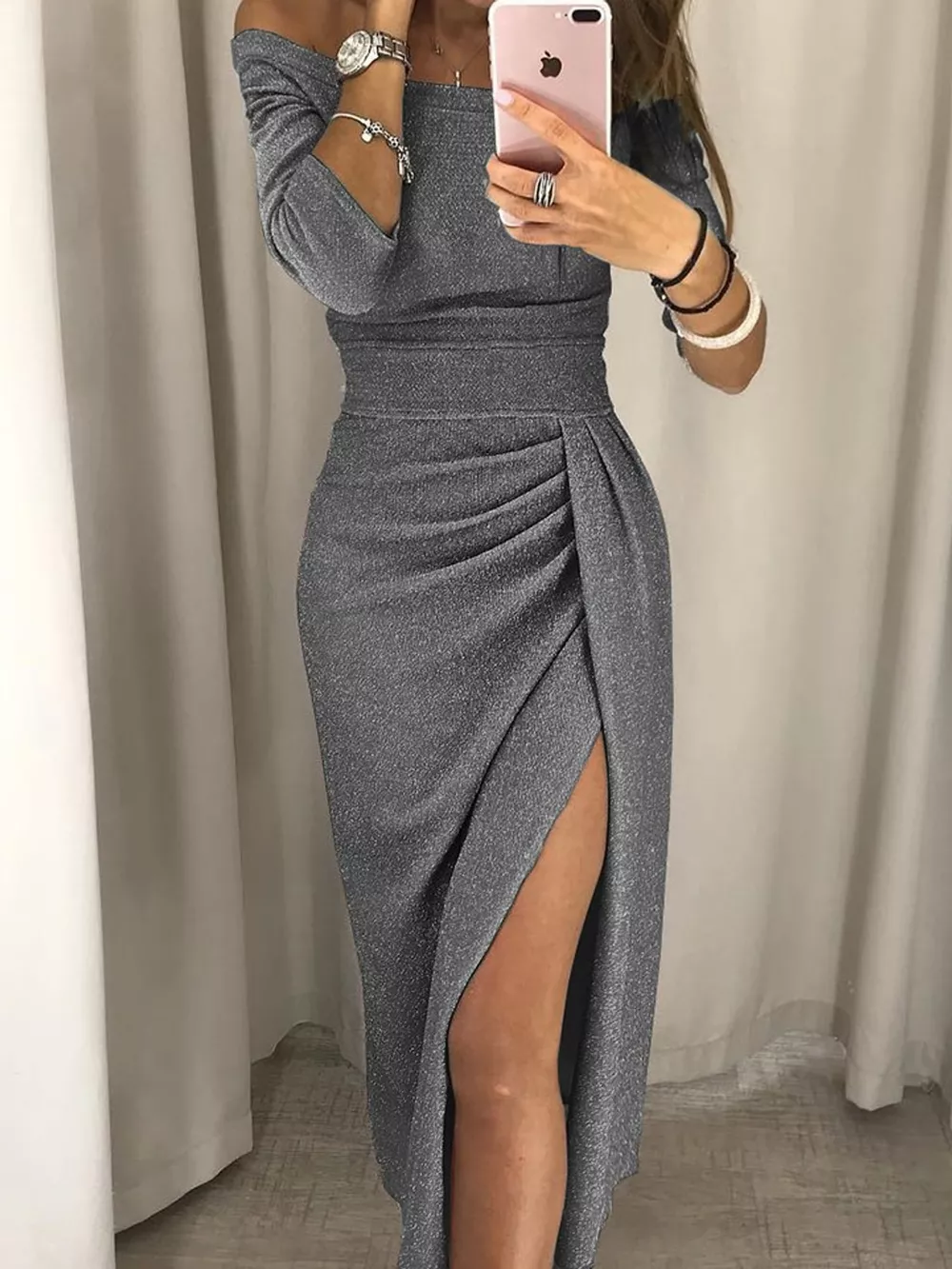 Full Size Off-Shoulder Ruched Slit Midi Dress Plus Size, image 5