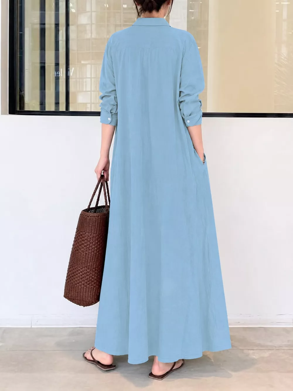 Full Size Button Front Long Sleeve Maxi Shirt Dress Plus Size, image 17