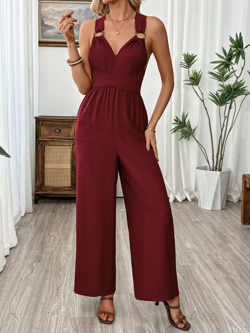 V-Neck Sleeveless Wide Leg Jumpsuit, image 4