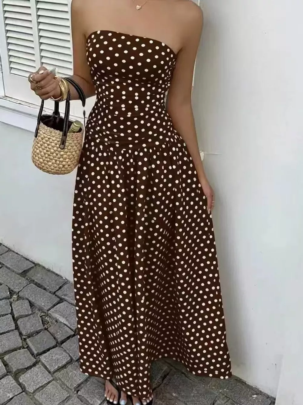 Strapless Polka Dot Ruched Maxi Dress, image 22