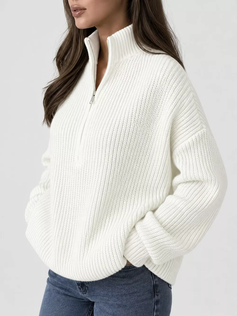 Full Size Half Zip Dropped Shoulder Sweater Plus Size, image 19