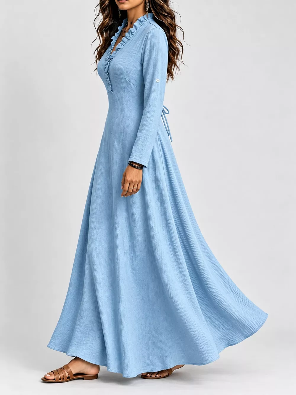 Full Size Frill Roll-Up Sleeve Maxi Dress Plus Size, image 34