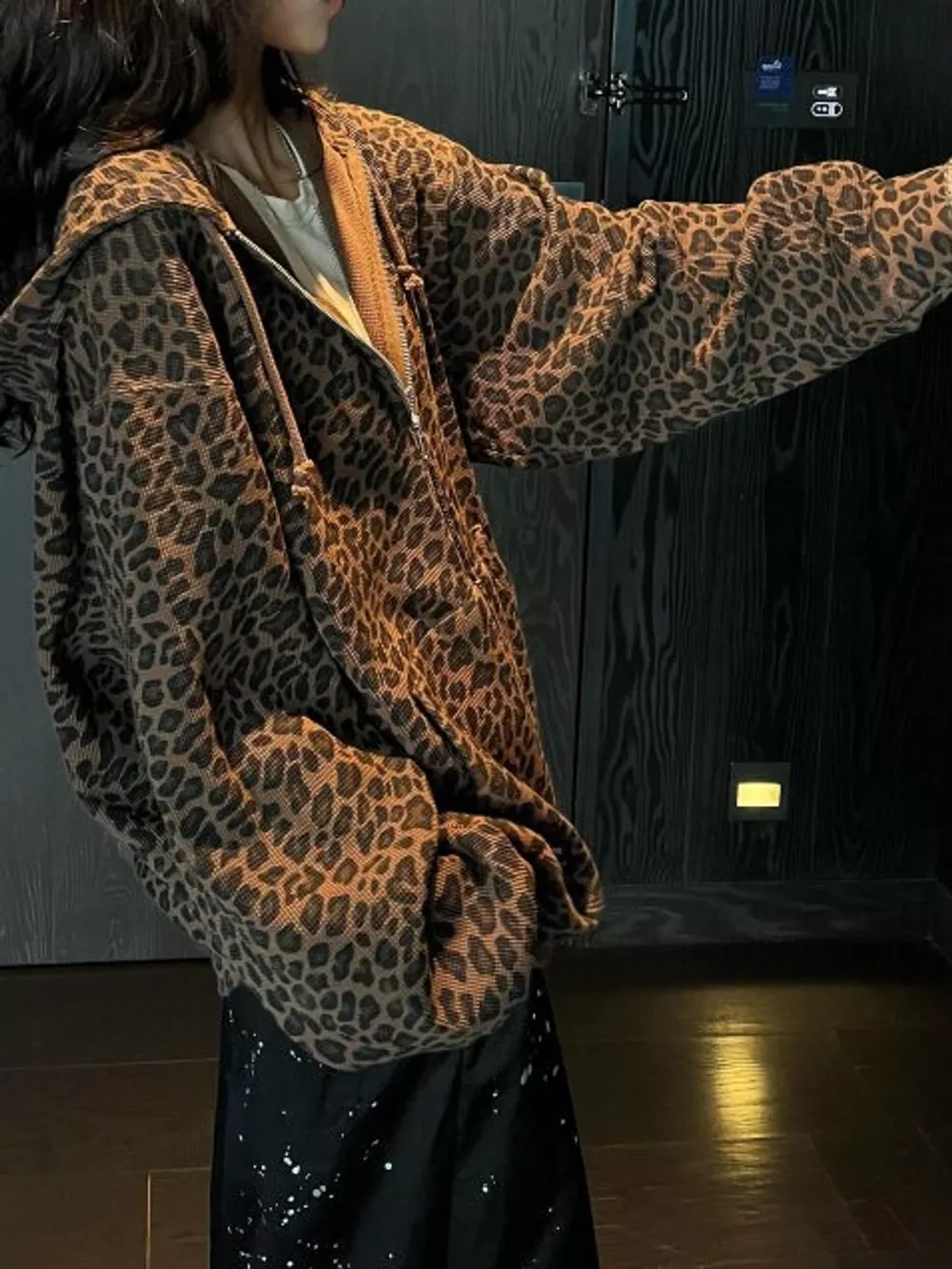 Oversized Leopard Print Zip-Up Hoodie, image 2