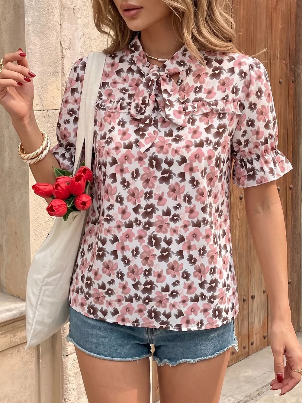 Floral Print Tie Neck Ruffle Blouse, image 2