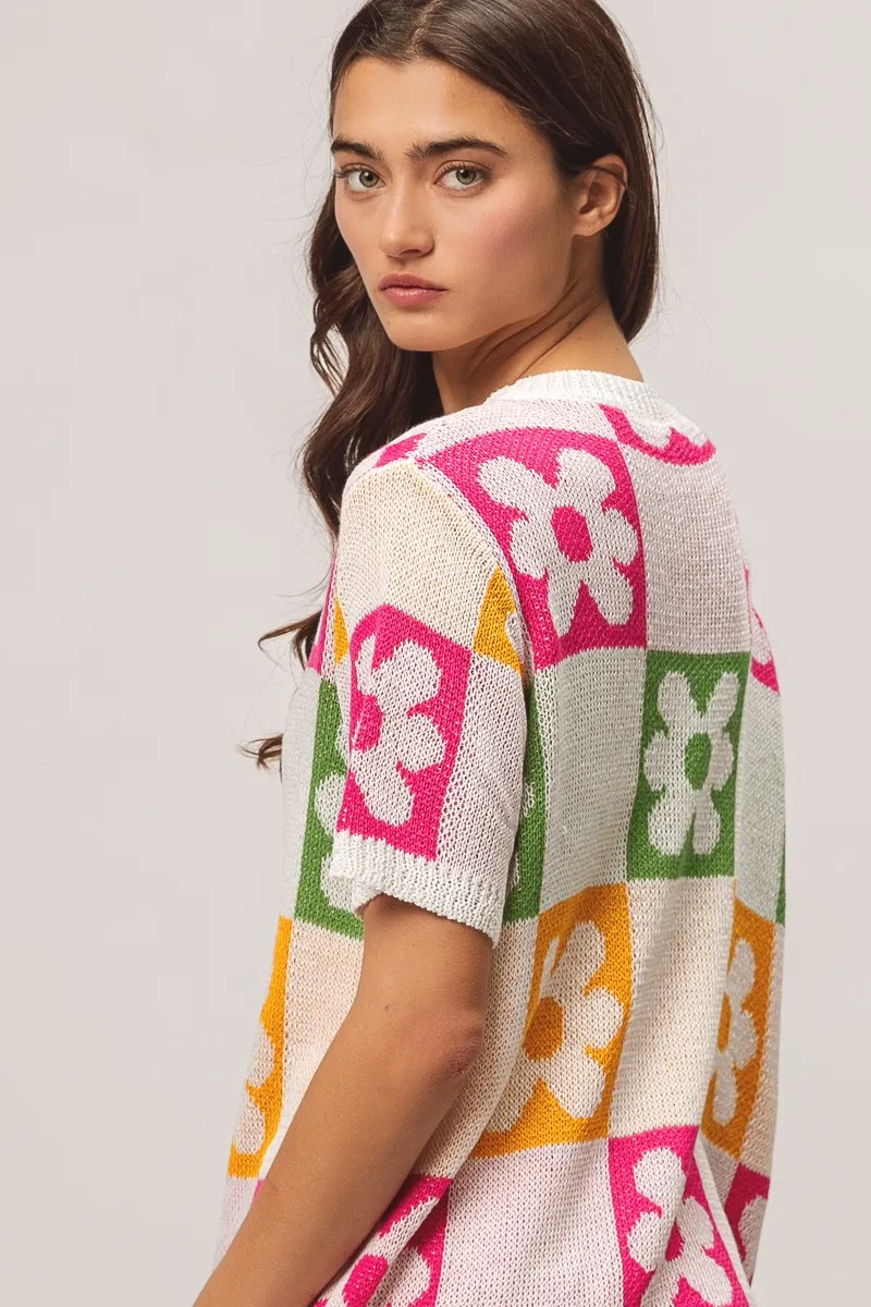 Flower Checker Pattern Lightweight Sweater Top, image 7