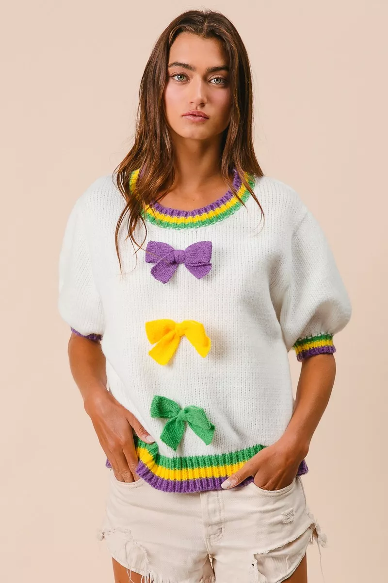 Short Puff Sleeve Ribbon Bow Mardi Gras Sweater, image 14