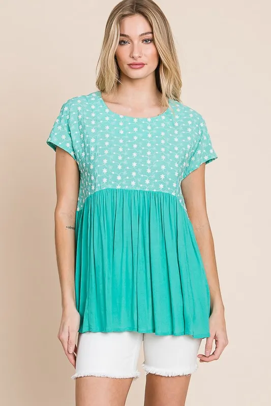 Full Size Embroidered Short Sleeve Pleated Babydoll Top Plus Size, image 2