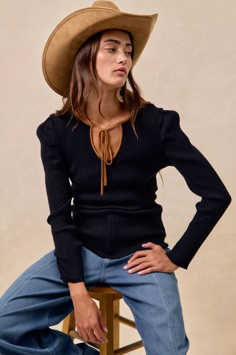 Ribbed Contrast Front Tied Top with Shrried, image 7
