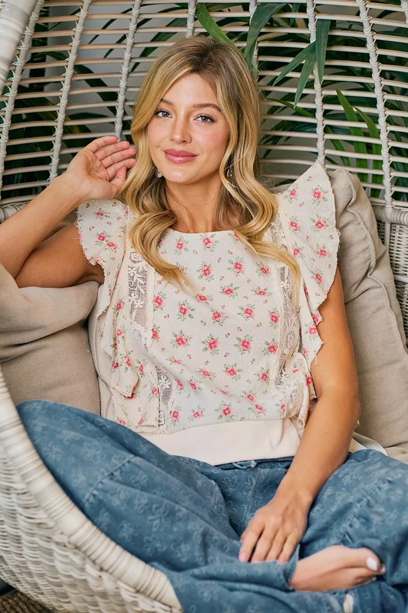 BiBi Flower Printed Ruffle Sleeve Trim Detail Top, image 11
