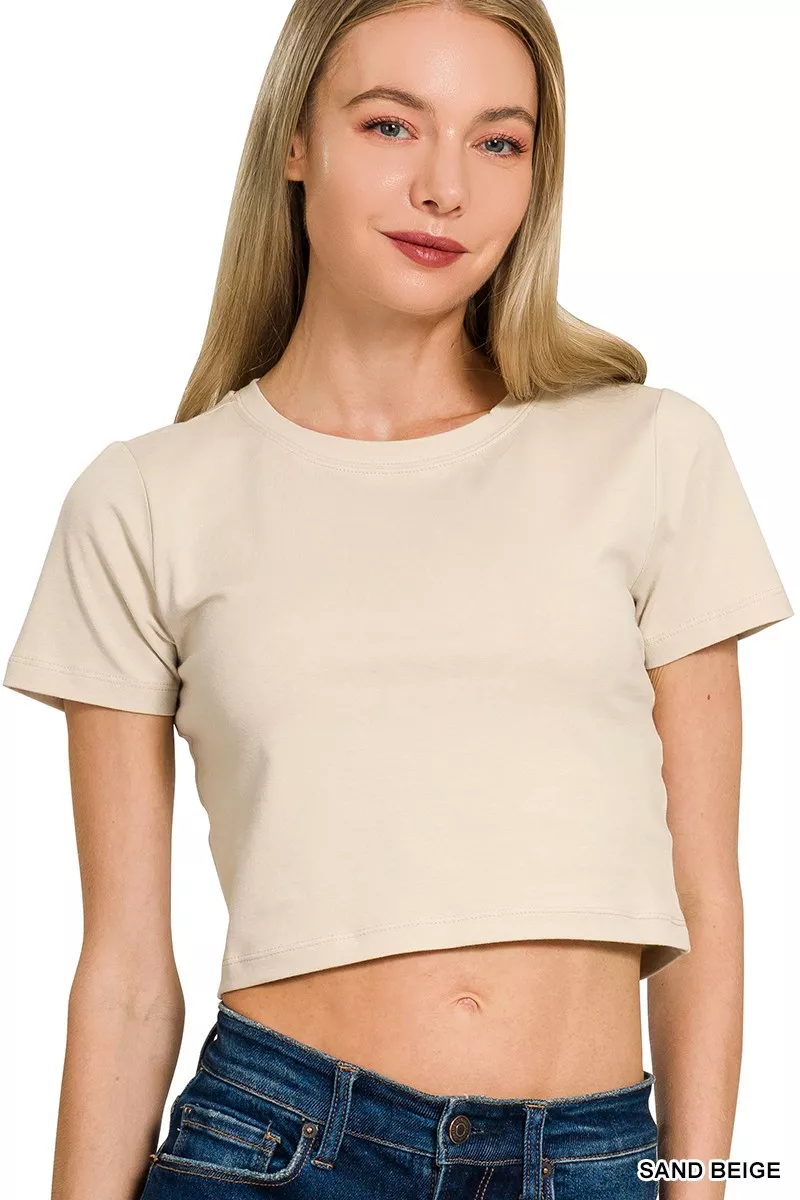 Cotton Short Sleeve Round Neck Cropped Top