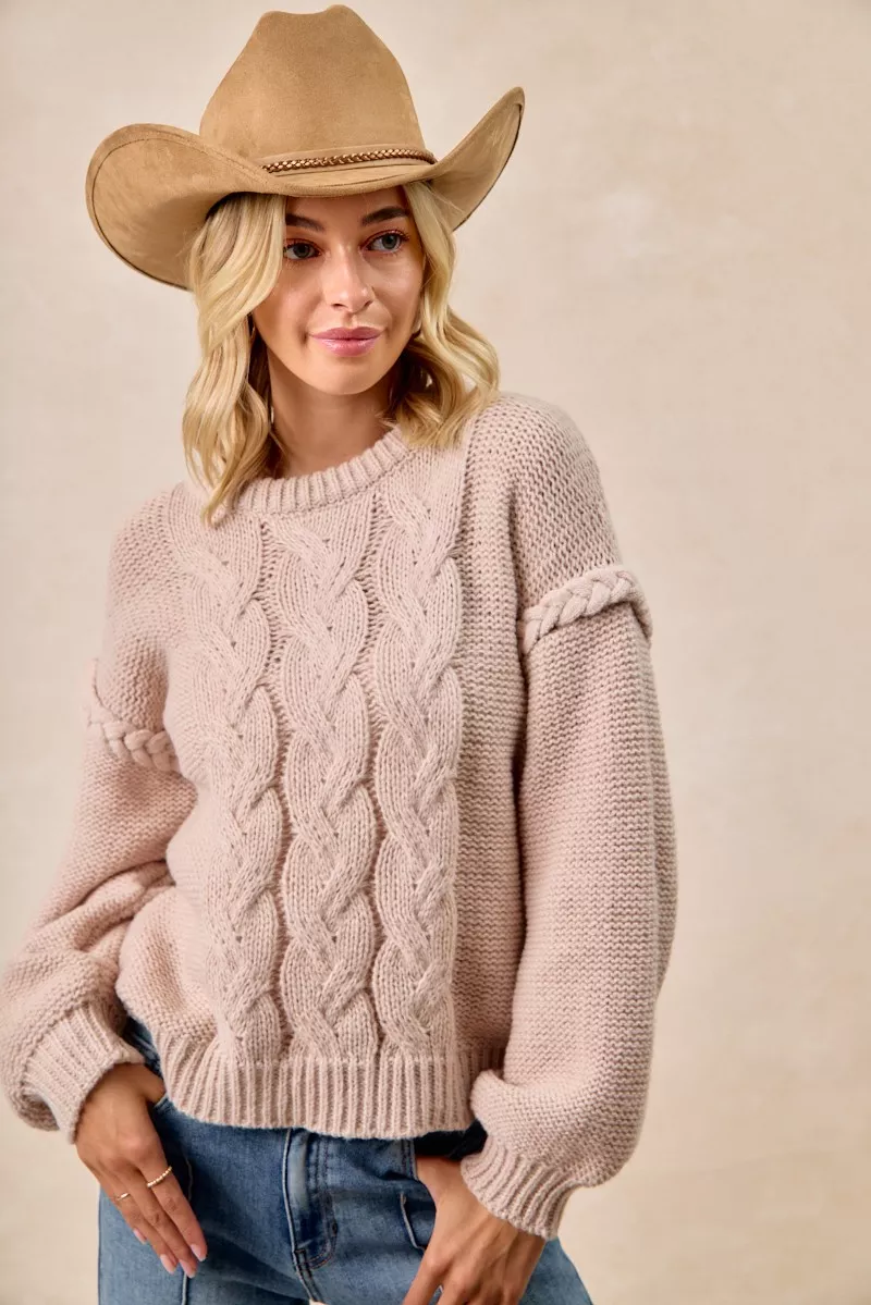 Cable Knit Sweater with Shoulder Braid Detail, image 3