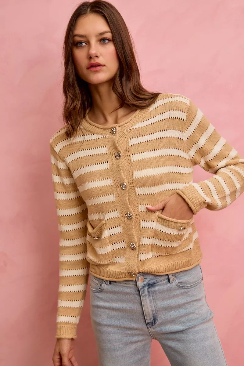 Stripe Long Sleeves Button Sweater Cardigan, image 24