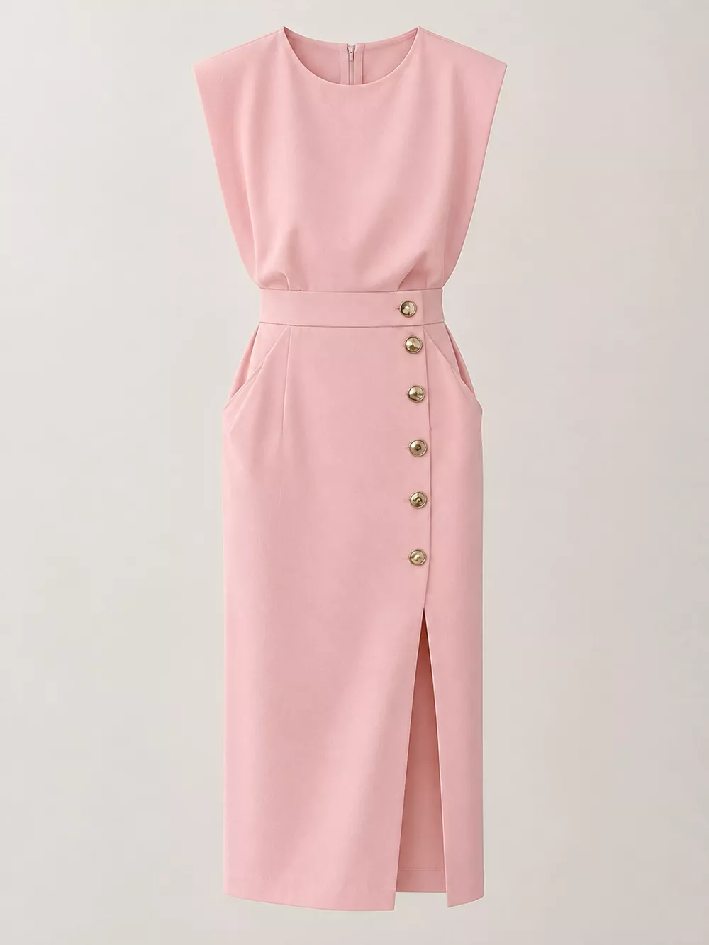 Sleeveless Midi Dress with Gold Button Detail and Side Slit, image 14