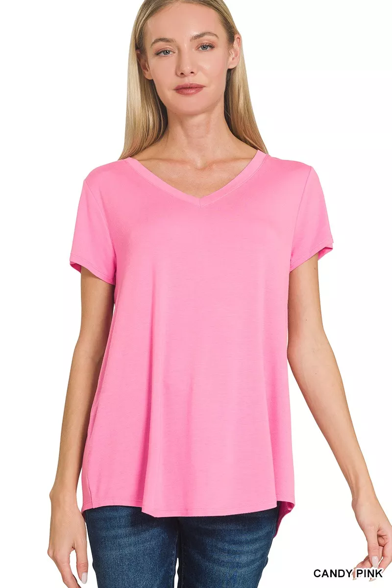 Rayon Short Sleeve V-neck Round Hem Top, image 4