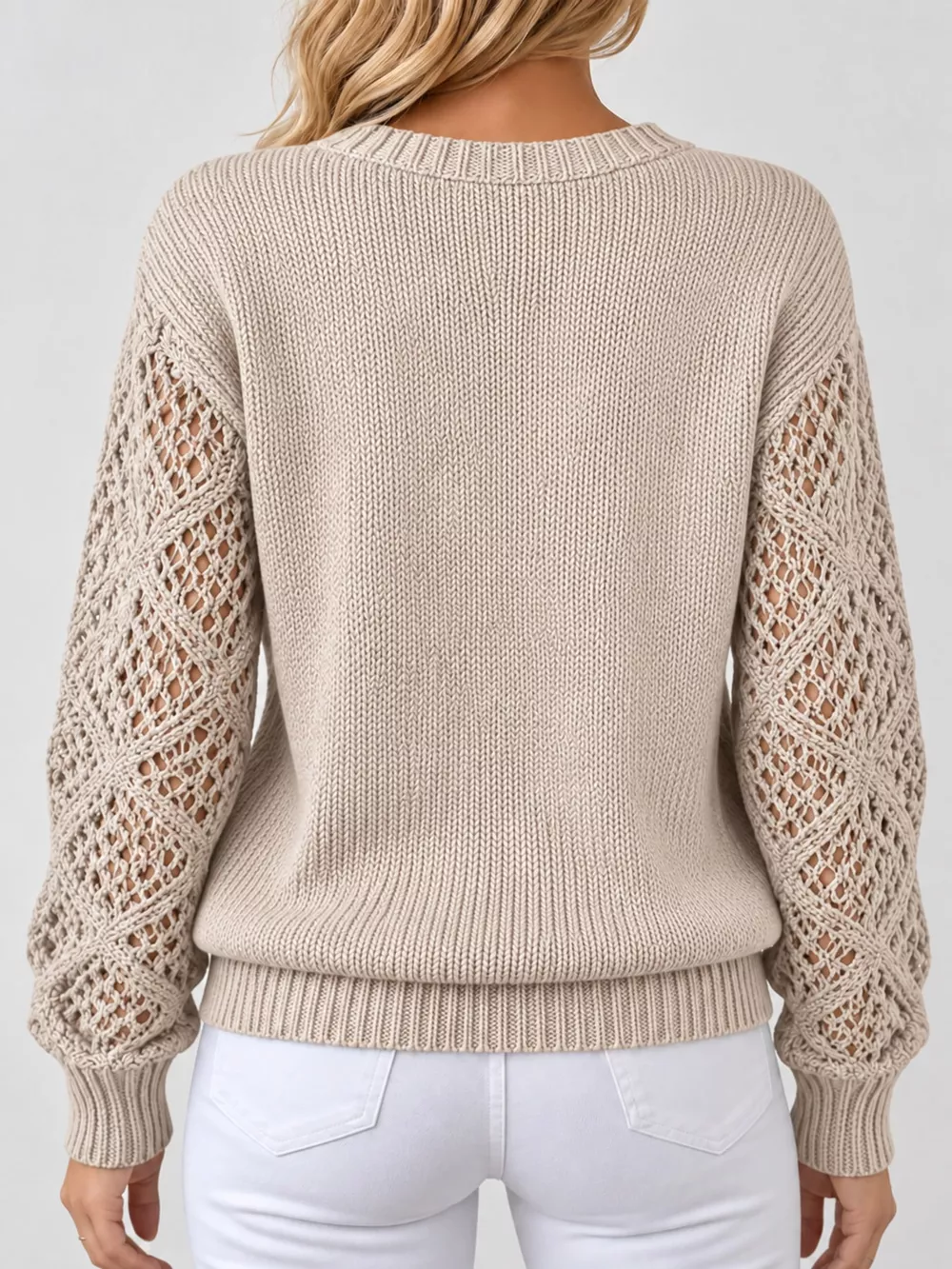 Full Size V-Neck Hollow-Out Long Sleeve Sweater Plus Size, image 12