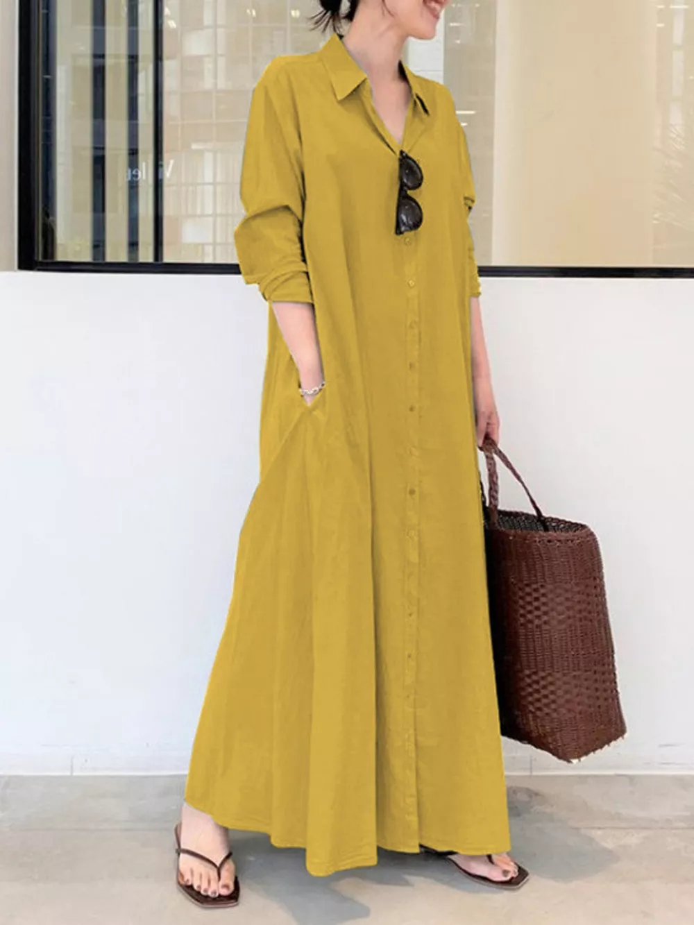 Full Size Button Front Long Sleeve Maxi Shirt Dress Plus Size, image 43