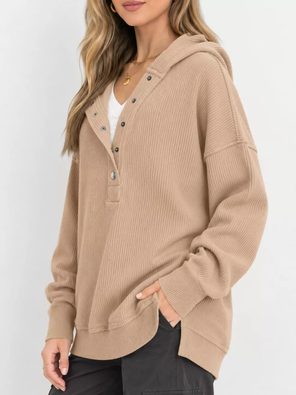 Full Size Snap Button Placket Dropped Shoulder Hoodie Plus Size, image 24