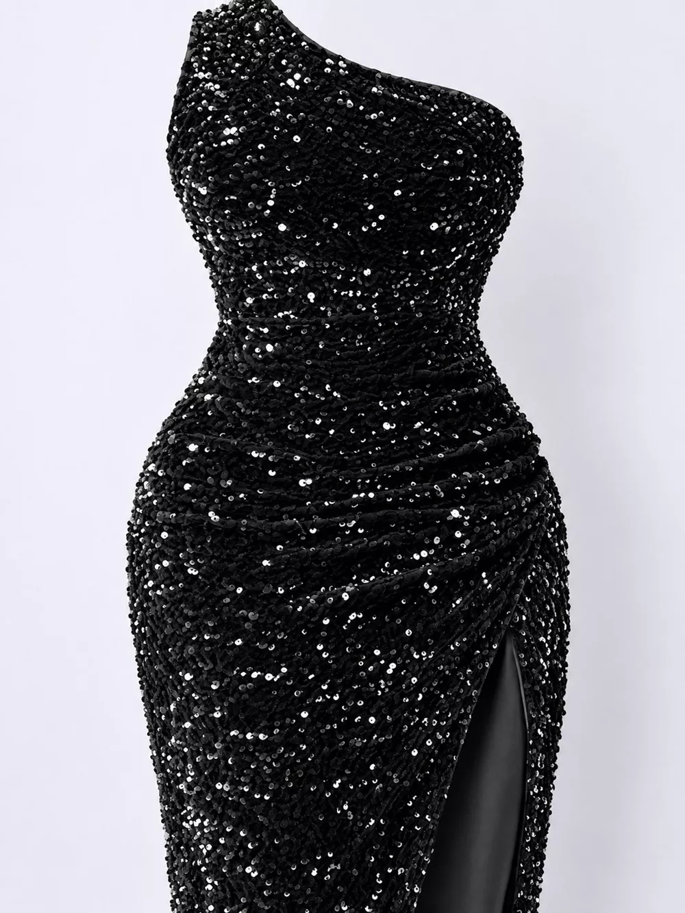 One-Shoulder Ruched Sequin High-Slit Evening Dress, image 19