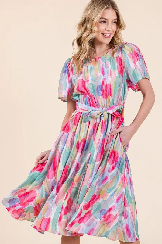 Watercolor Print Tie Front Midi Dress, image 4