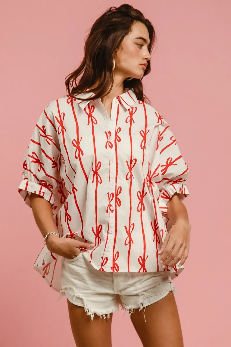 Bow Ribbon Woven Printed Button Down Shirt, image 11