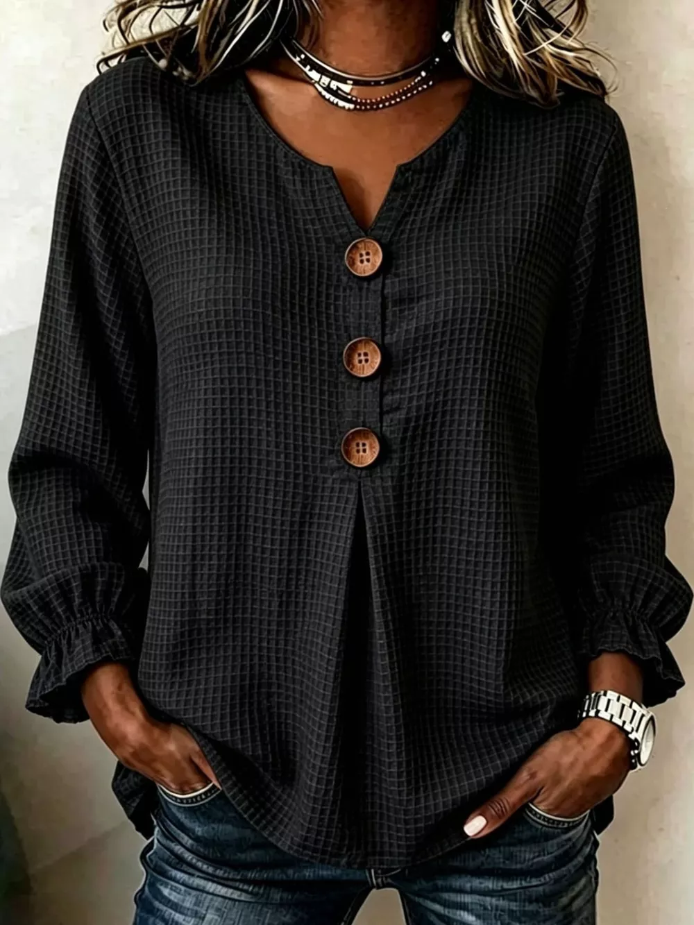 Full Size Waffle Knit Flounce Sleeve Blouse Plus Size, image 2